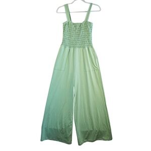 Rae Mode Sz L Green Smocked Wide‎ Leg Jumpsuit Stretch Pockets Soft Summer